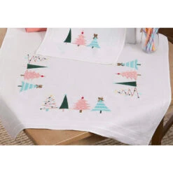 Nob Hill Cheerful Christmas Trees Table Topper Stamped Embroidery Kit