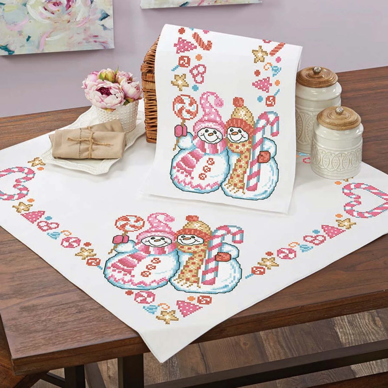 Herrschners Candy Pink Christmas Table Topper & Table Runner Stamped Cross-Stitch 1 Herrschners Candy Pink Christmas Table Topper & Table Runner Stamped Cross-Stitch