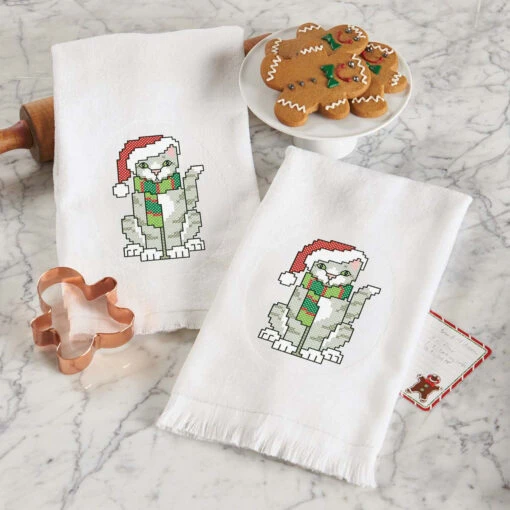 Herrschners Christmas Kitty Terry Towel Pair & Thread Kit Stamped Cross-Stitch -Eurographics || Diamond Dotz || Eeboo Store 540801 47702.1693463427