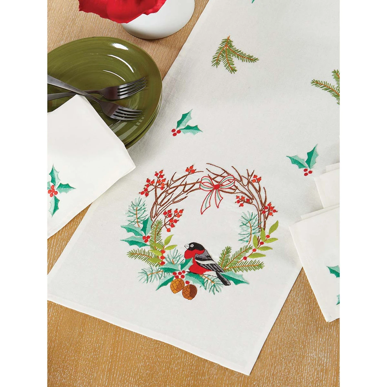 Craftways Christmas Finch Table Runner Stamped Embroidery Kit 1 Craftways Christmas Finch Table Runner Stamped Embroidery Kit